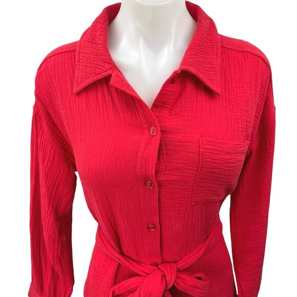 Saks Fifth Avenue Women's Red Long Sleeve Belted Button Down Mini Shirt Dress S - Picture 3 of 5